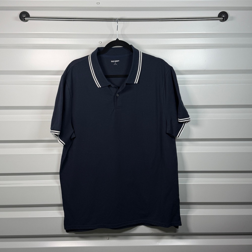 Old Navy Go-Dry Mens XL Navy Blue Tipped Pique Polo Shirt Short Sleeve Stretch